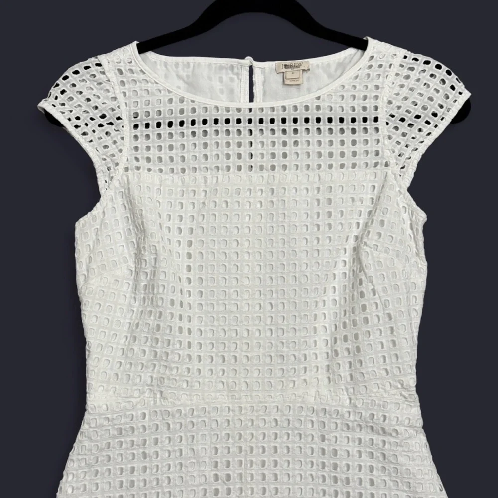 J.Crew Sz 0 White Eyelet Lace Cap Sleeve‎ Fit & Flare Mini Dress Coquette Preppy